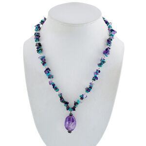 Vintage Sterling Silver 925 Amethyst Turquoise Bead Necklace 16"-17.5"